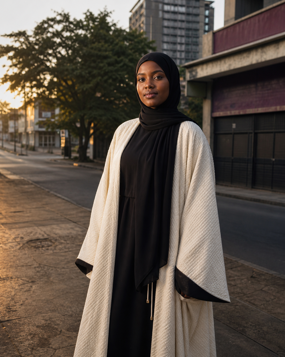 A Muslim woman in a black hijab standing in early morning Kampala light.